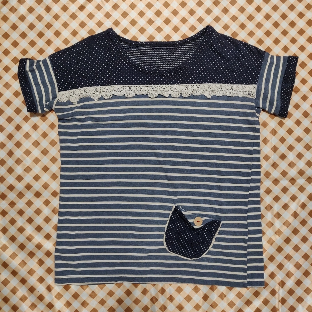 Small Cute Striped Shirt with Lace and a Pocket